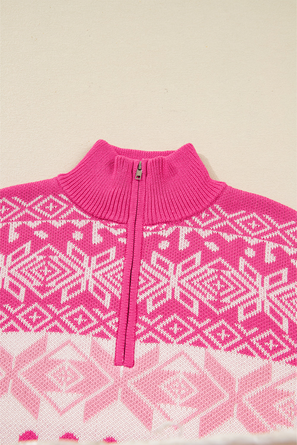 Rose Red Snowflake Quarter-Zip Collared Sweater – Cozy Holiday Knit Pullover for Women