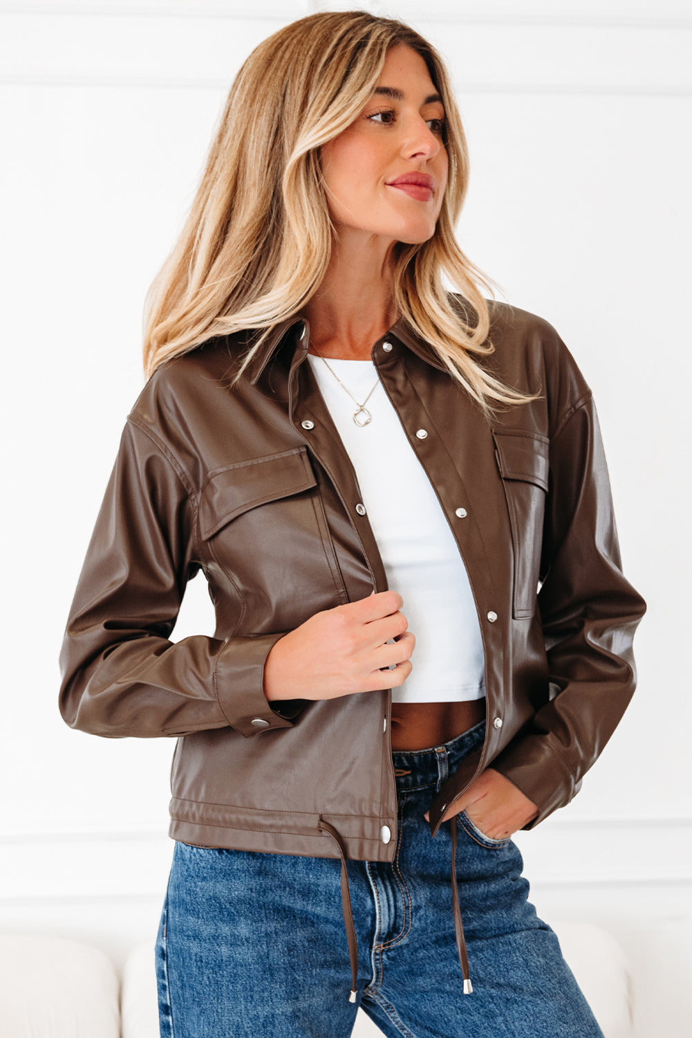 Chicory Coffee PU Leather Drawstring Jacket – Double Flap Pocket Utility Shacket for Women