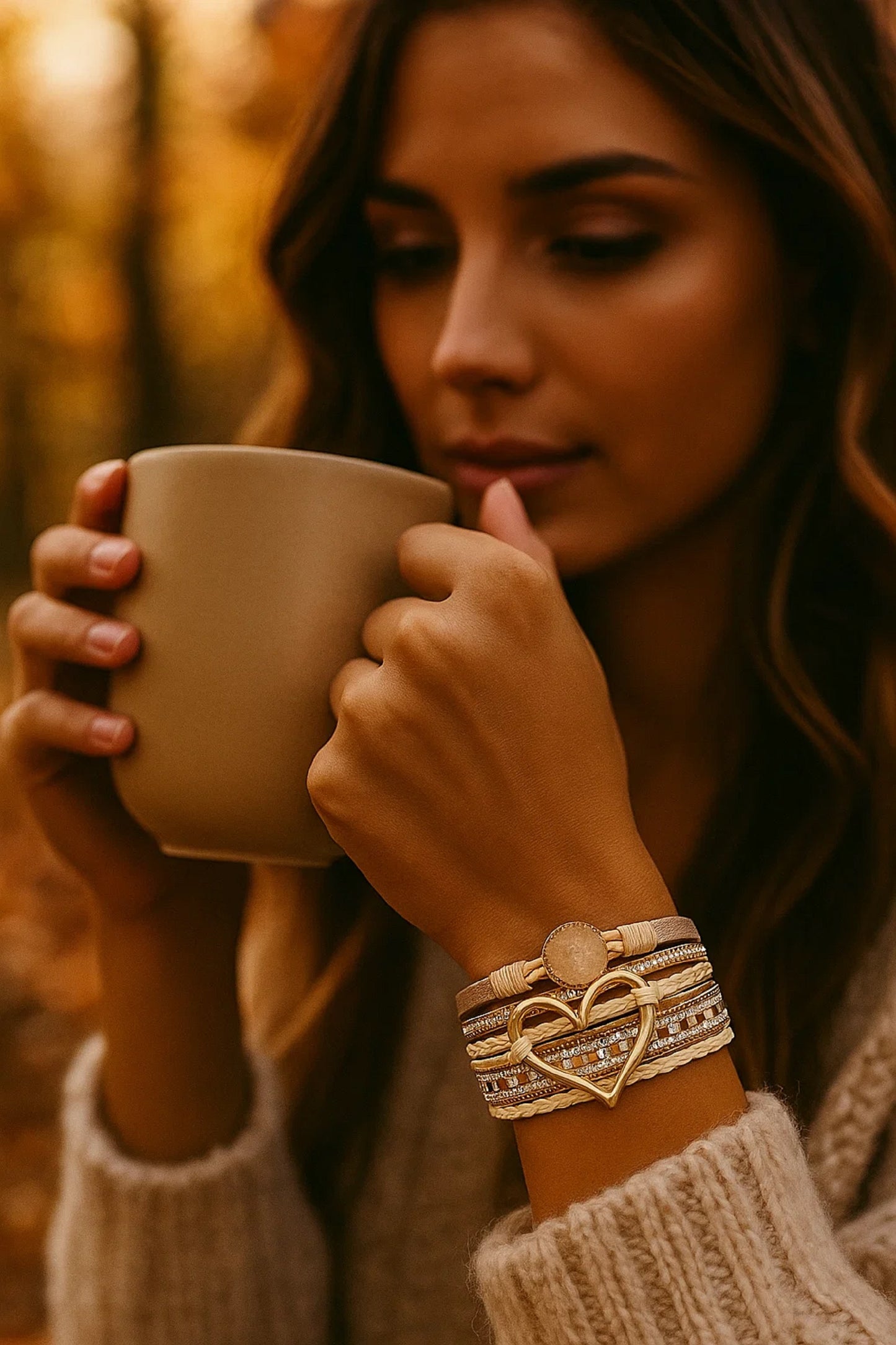 Layered Heart Boho Bracelet – Beige Rhinestone Magnetic Wrap