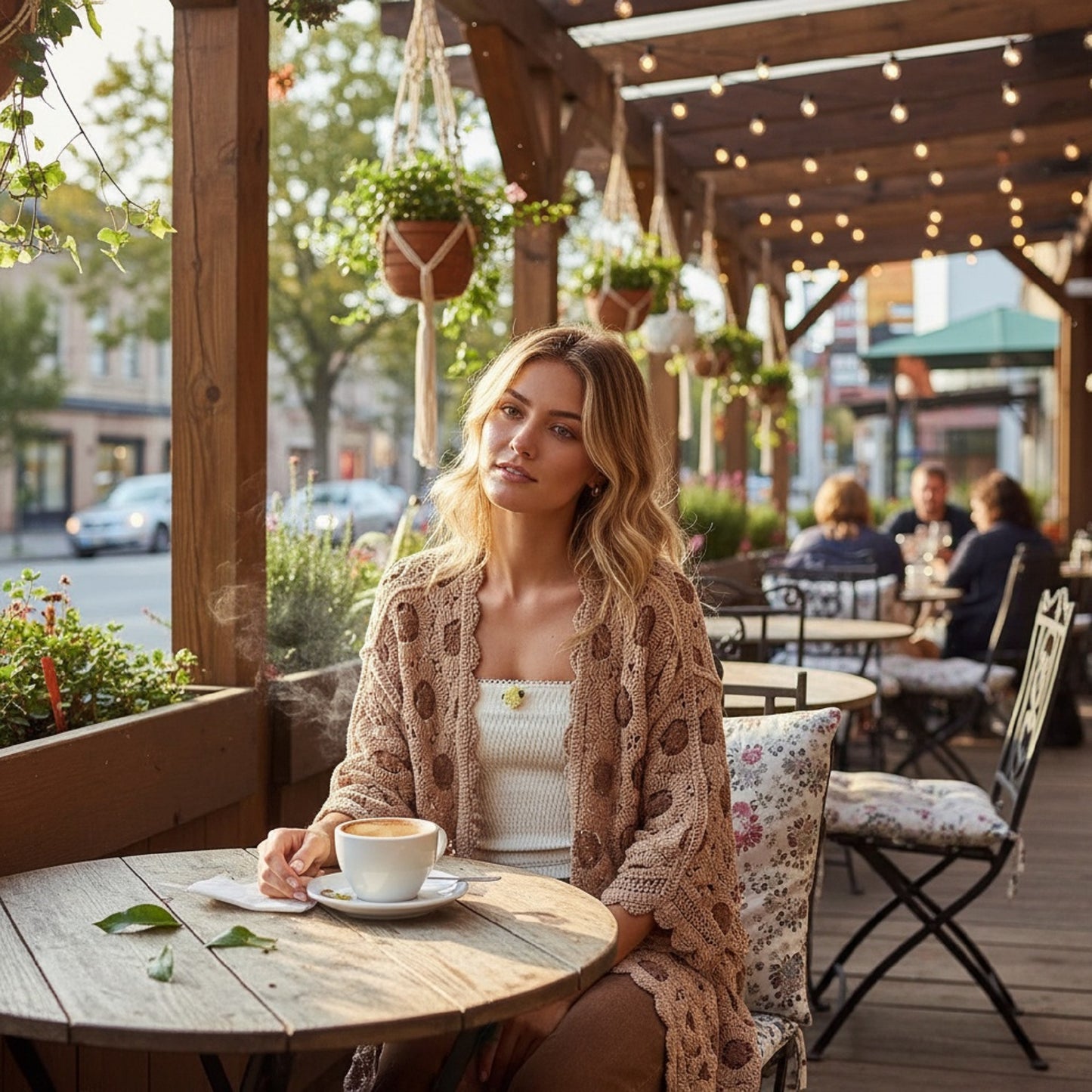 POL Openwork V-Neck Crochet Chenille Cardigan – Boho Floral Knit Kimono Sweater (Latte/Mocha, One Size)