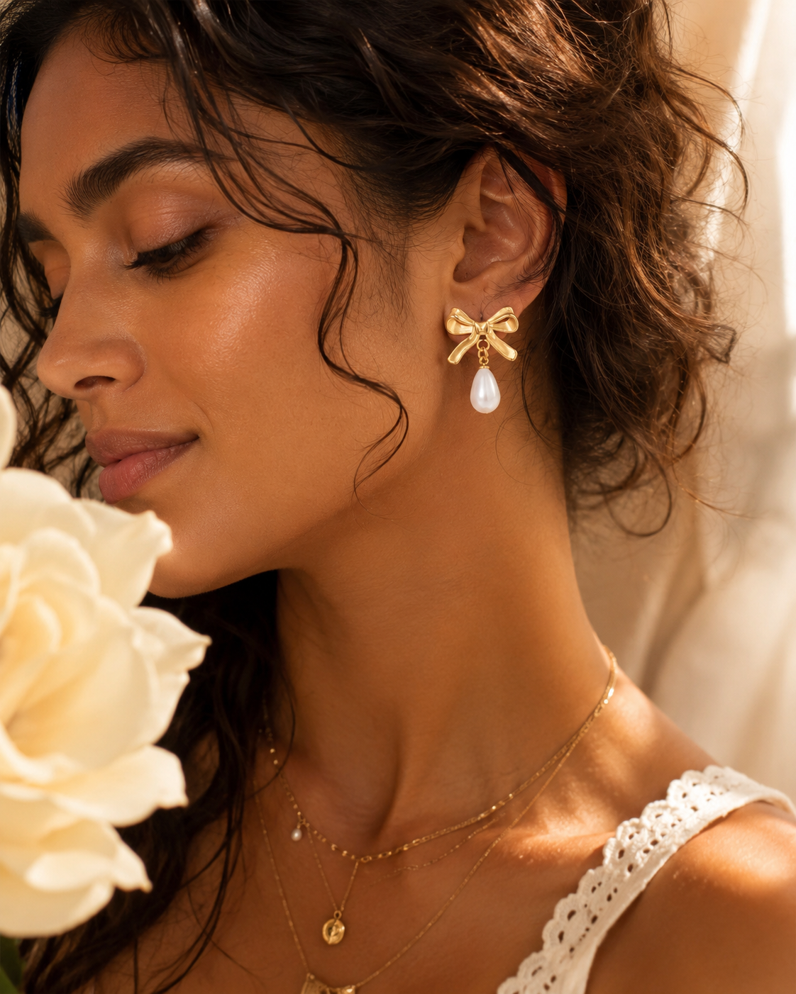 Made in the USA | 18K Gold PVD Freshwater Pearl Bow Earrings | Hypoallergenic 316L Surgical Steel