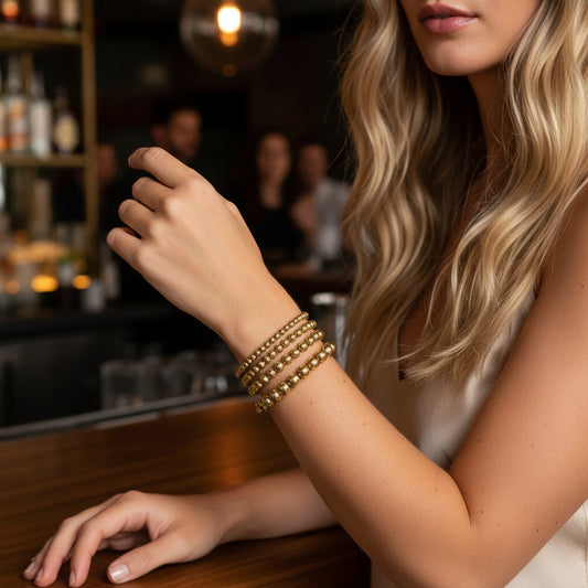 Made in the USA, 18K Gold PVD 316L Surgical Stainless Steel, 5mm Beaded Stretch Bracelet | Non-Tarnish Everyday Jewelry