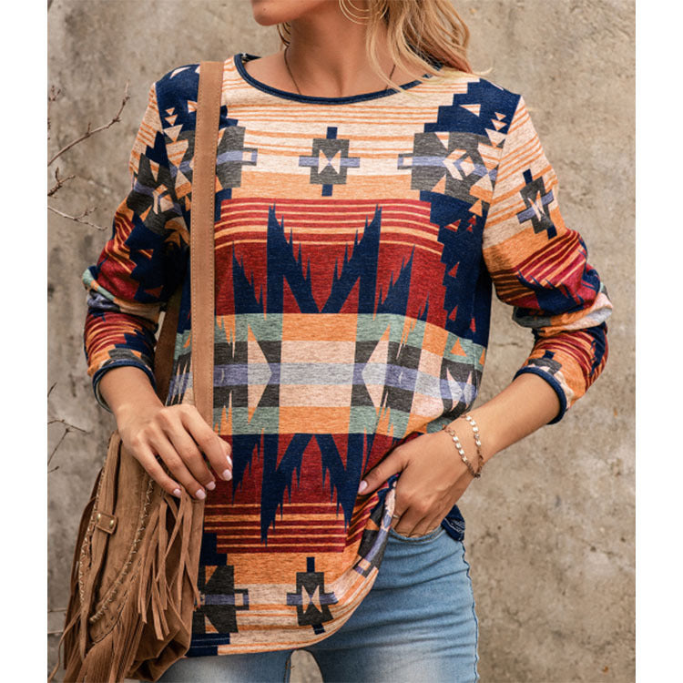 Bohemian Print Long Sleeve Top – Relaxed Fit Casual Blouse