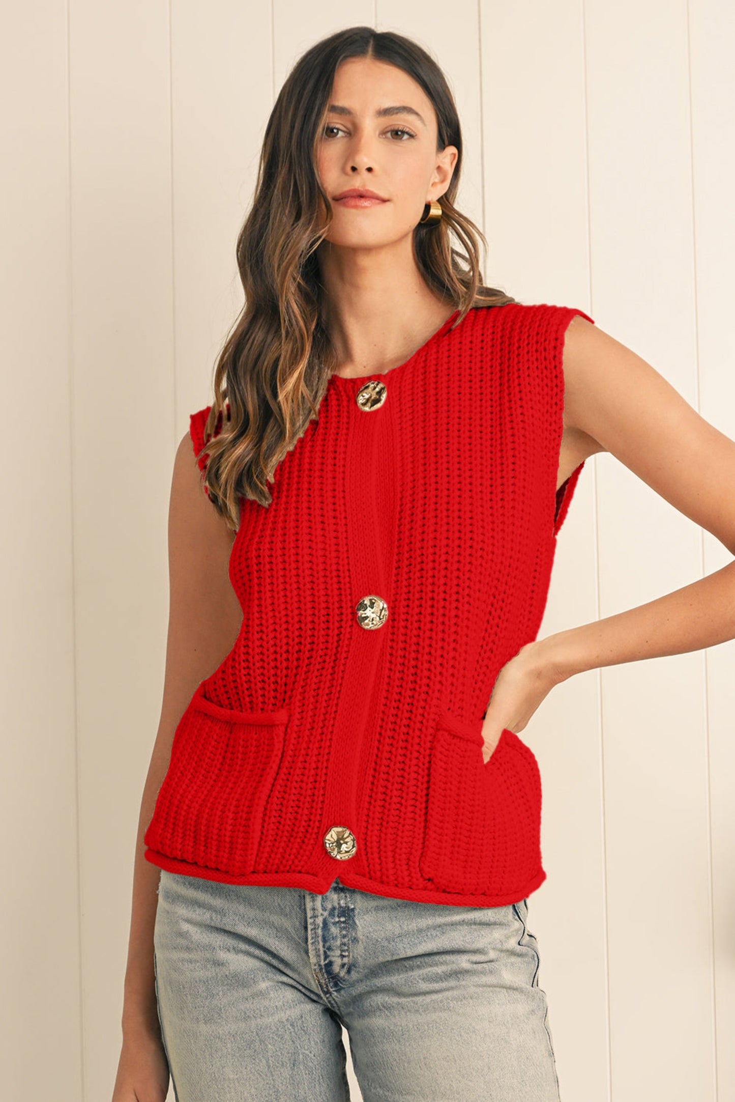 Firey Red Chunky Knit Buttoned Sweater Vest for Women – Cozy Fall Layer with Side Pockets