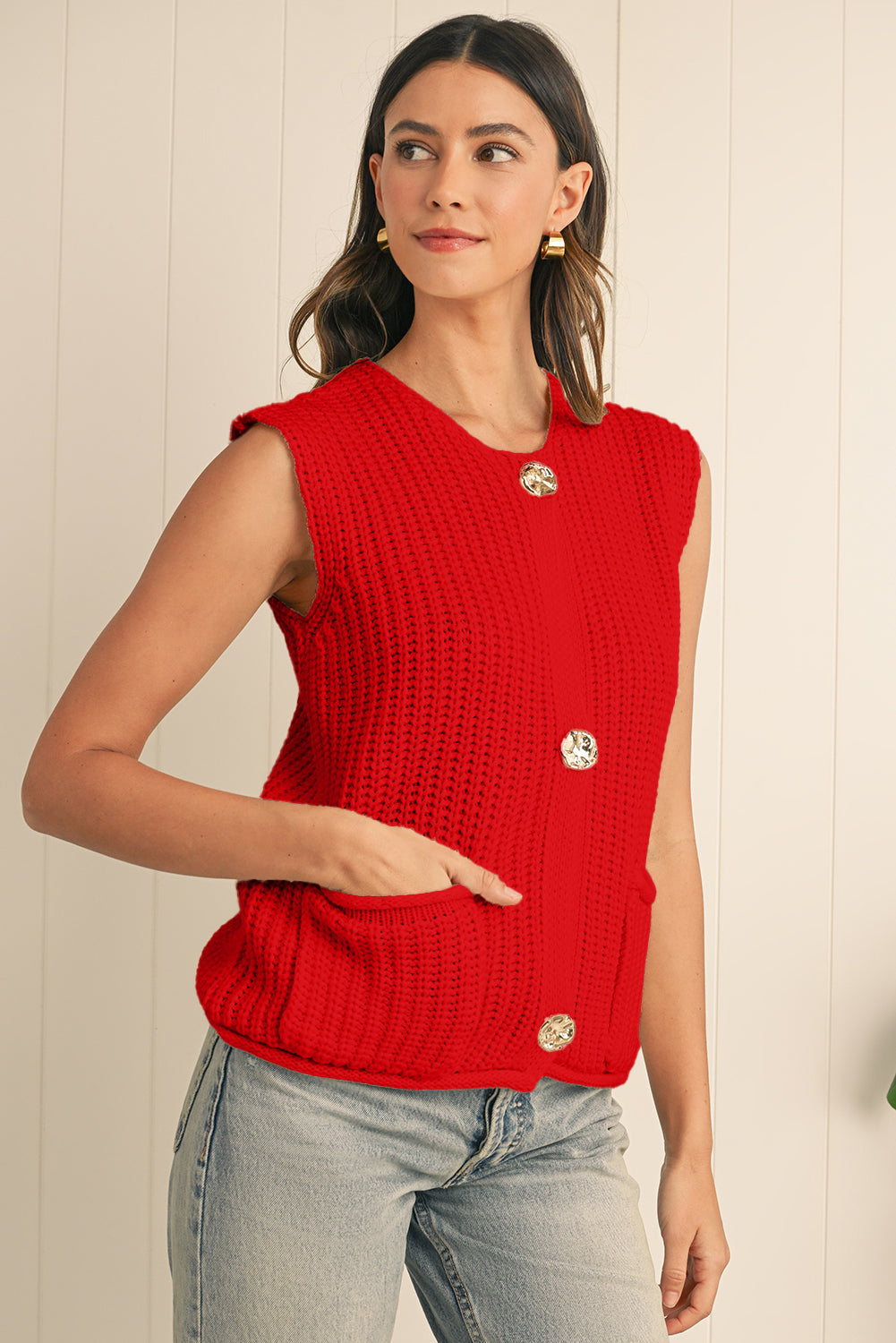 Firey Red Chunky Knit Buttoned Sweater Vest for Women – Cozy Fall Layer with Side Pockets