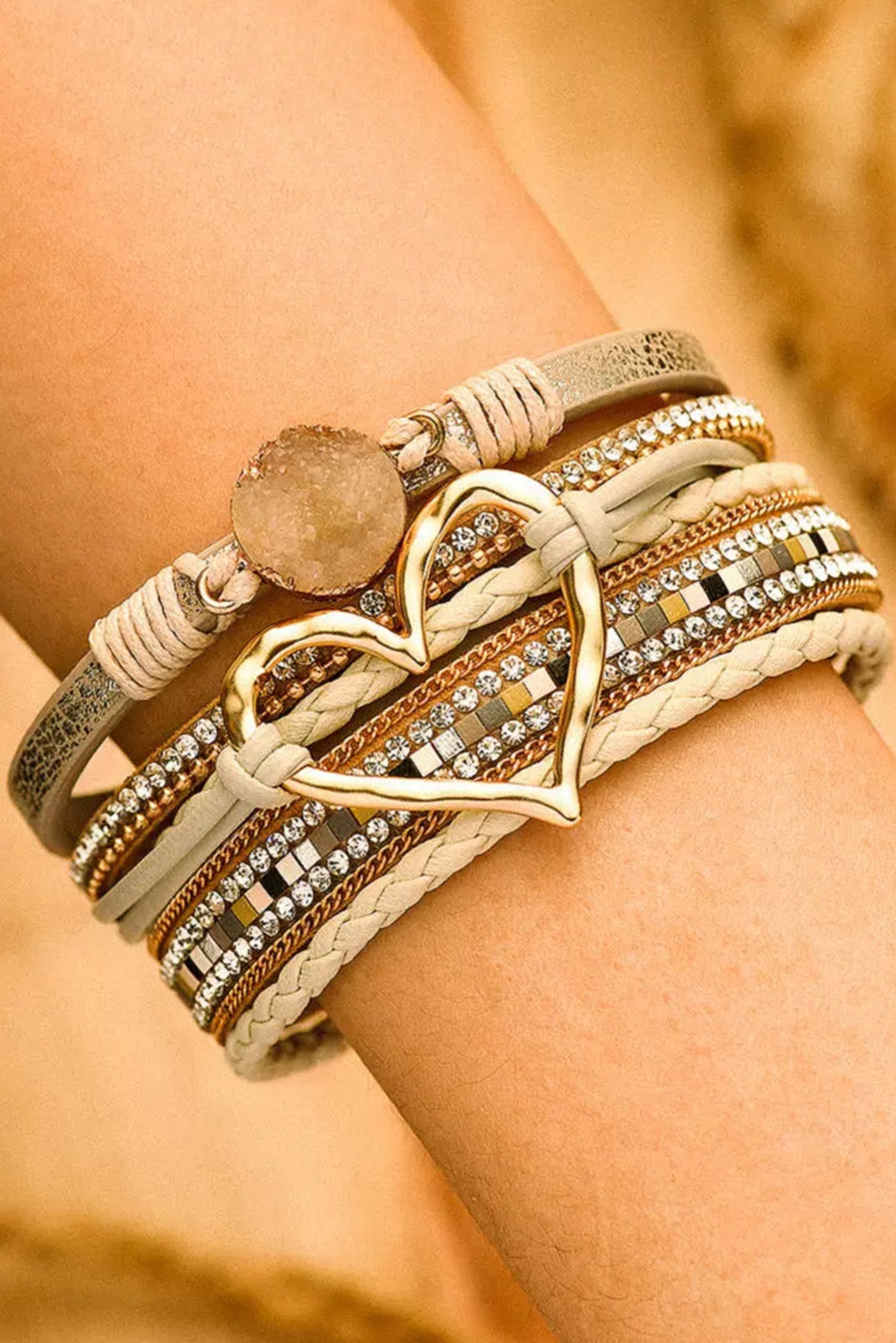 Layered Heart Boho Bracelet – Beige Rhinestone Magnetic Wrap