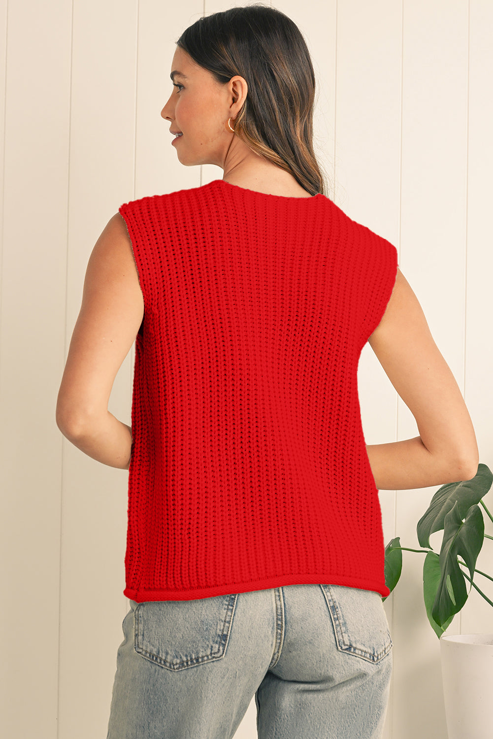 Firey Red Chunky Knit Buttoned Sweater Vest for Women – Cozy Fall Layer with Side Pockets