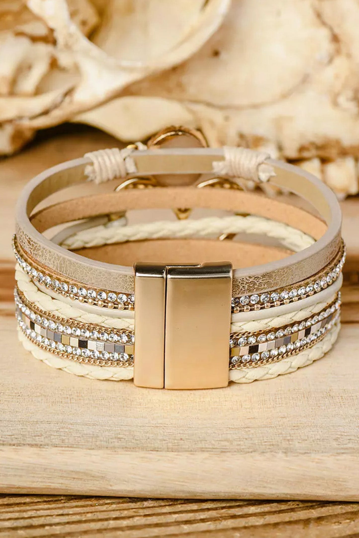 Layered Heart Boho Bracelet – Beige Rhinestone Magnetic Wrap