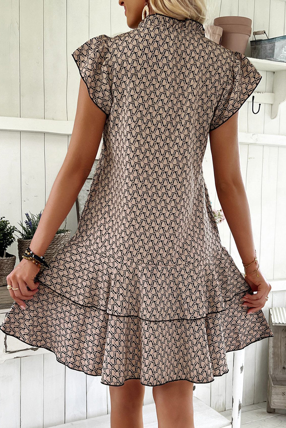 Simply Taupe Bohemian Print V-Neck Flutter Sleeve Ruffle Mini Dress