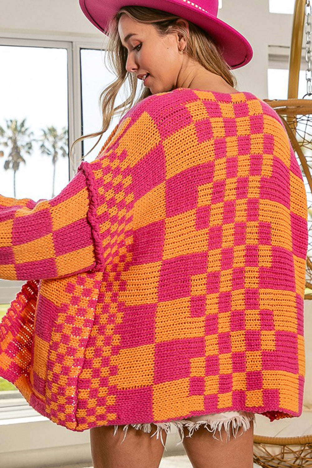 Multicolor Plaid Open Front Knitted Cardigan