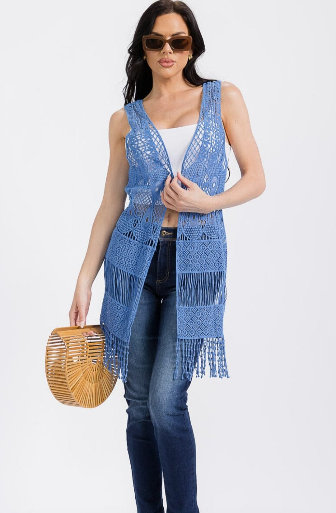 WOMEN'S SLEEVELESS OPEN FRONT FRINGE CROCHET CARDIGAN - JAG Universal Collection