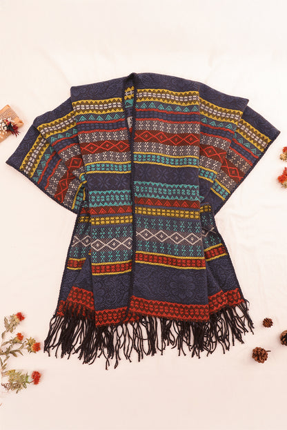 Light Blue Ethnic Print Tassel Trim Shawl Scarf