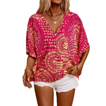 Jag Universal Collection Women’s Boho Printed V Neck Top Loose Fit Short Sleeve Summer Blouse