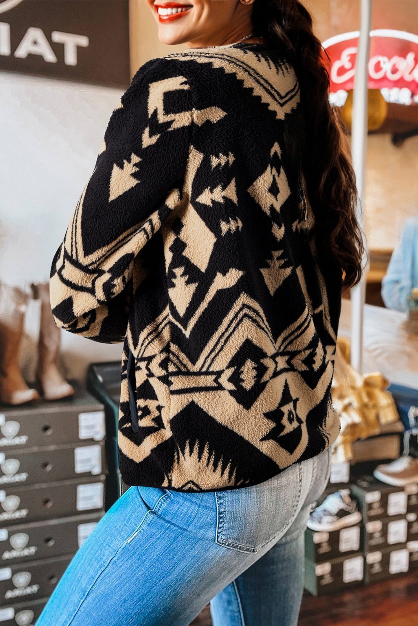 Black Western Aztec Half Zip Plush Sweatshirt – Cozy Tribal Print Fleece Pullover for Women | Warm Boho Winter Jacket with Pockets