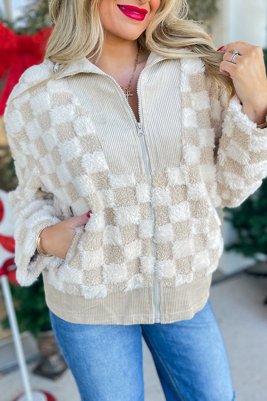 Khaki Checkered Sherpa Corduroy Patchwork Zip-up Collared Jacket