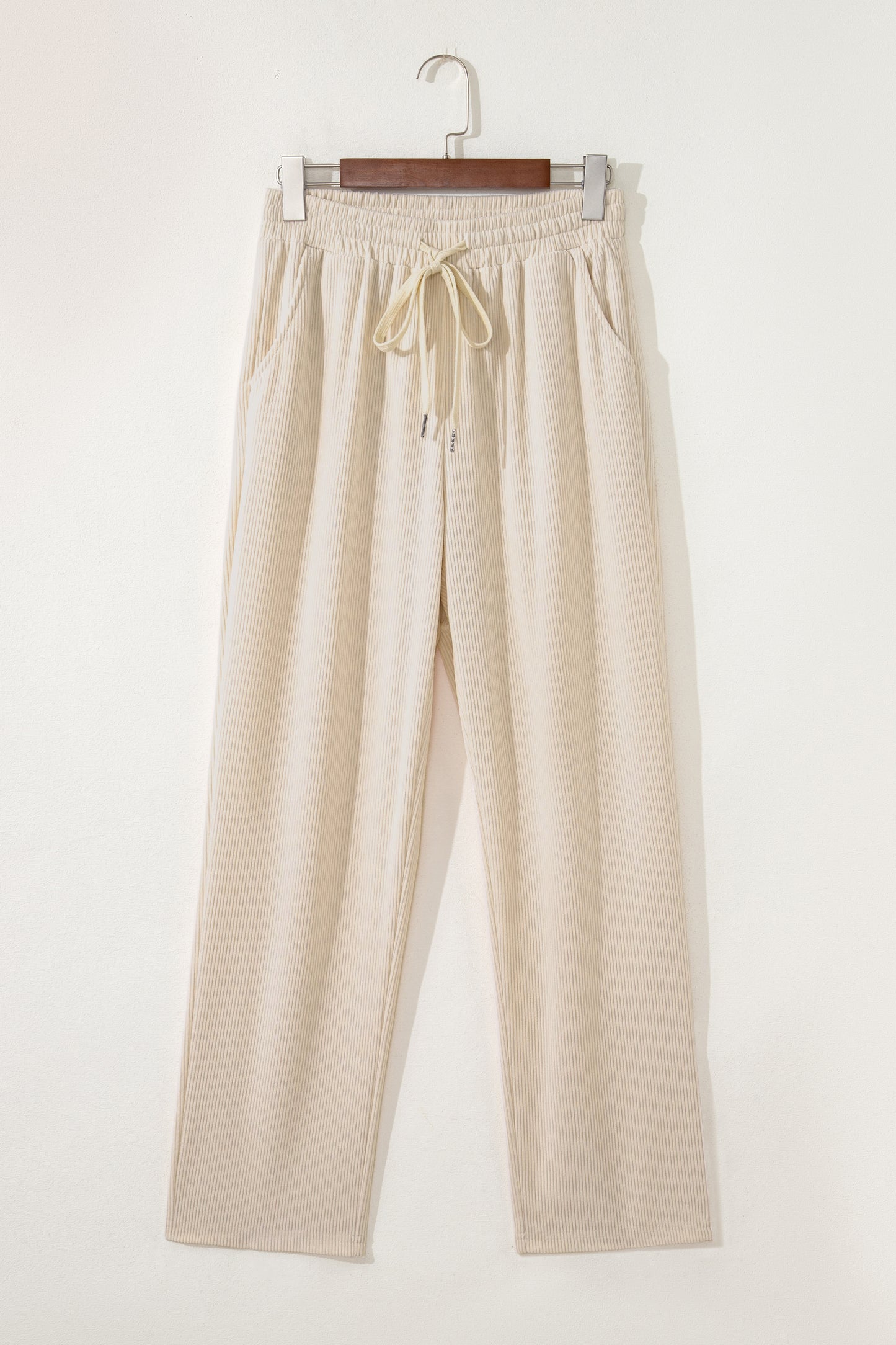 Women’s Corduroy Drawstring Lounge Pants –White  High-Waisted Soft Casual Trousers