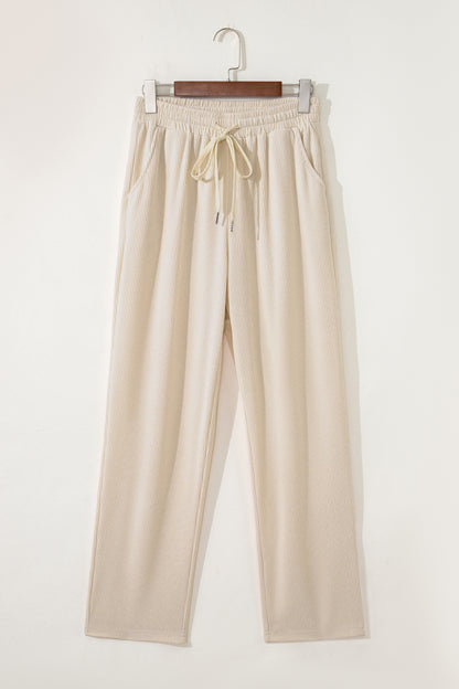 Women’s Corduroy Drawstring Lounge Pants –White  High-Waisted Soft Casual Trousers