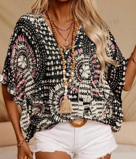 Jag Universal Collection Women’s Boho Printed V Neck Top Loose Fit Short Sleeve Summer Blouse