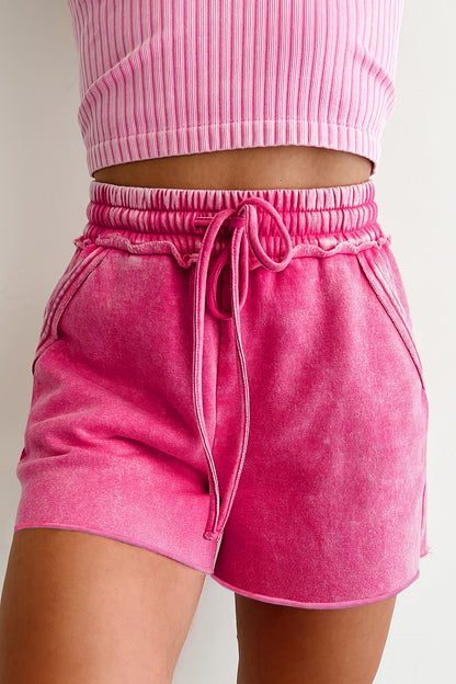 Rose Red Mineral Wash Lounge Shorts – Soft Drawstring Waist Casual Summer Fit