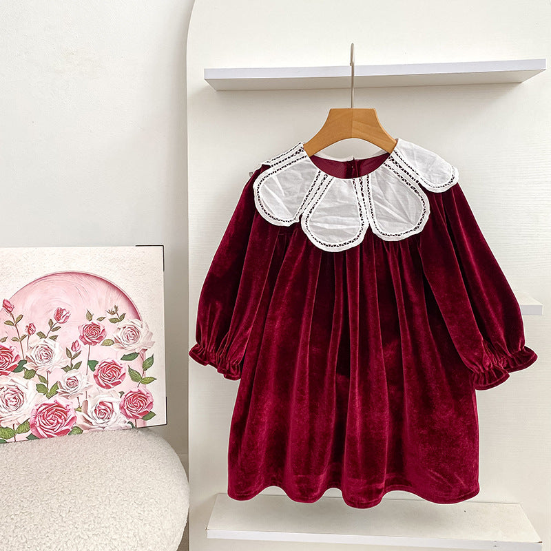 Burgundy Long Sleeve Petal Collar Kids Christmas Dress