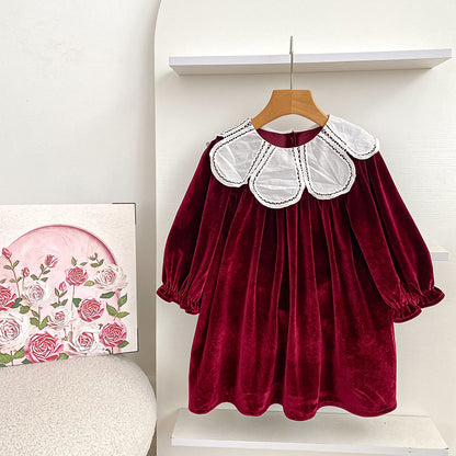 Burgundy Long Sleeve Petal Collar Kids Christmas Dress