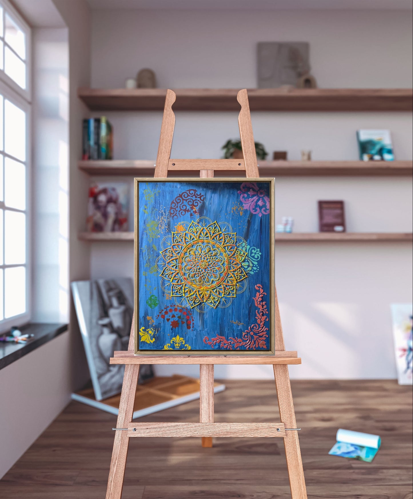 Celestial Mandala in Sapphire – 24" x 14" Mixed Media SOLD