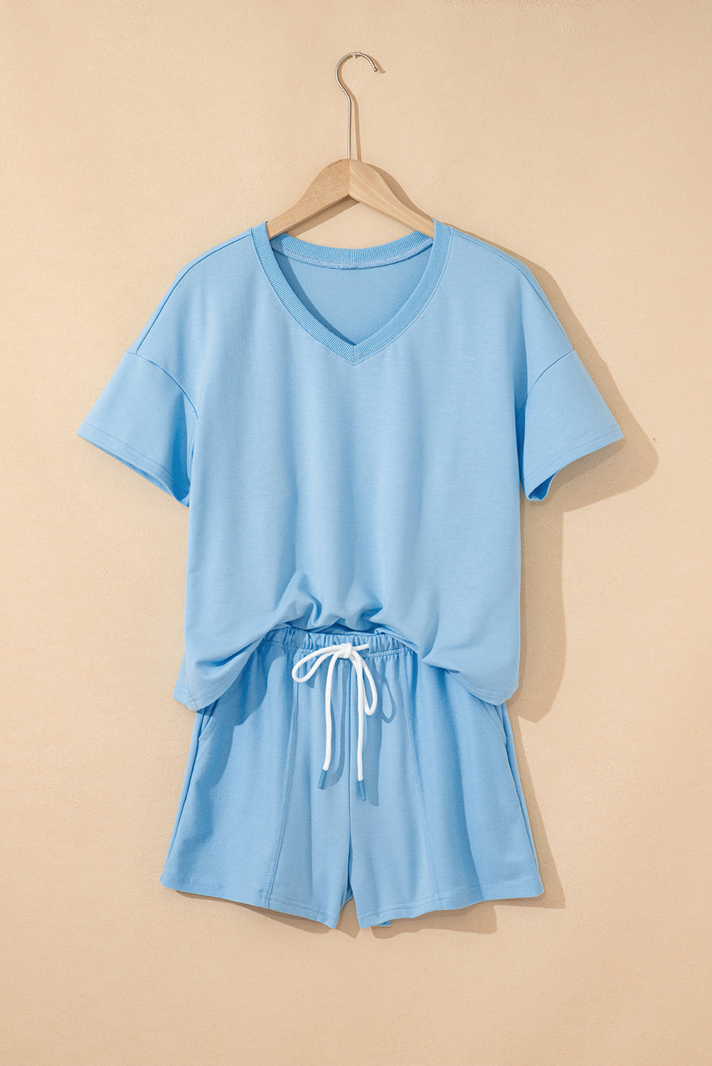 Women’s Light Blue 2 Piece Lounge Set – V Neck Top & Drawstring Shorts Casual Summer Outfit