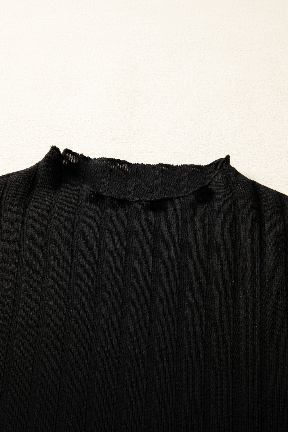 Elegant Black Long Sleeve Mini Dress – Ribbed Knit, Frilled Neck, High Waist, Casual to Party Outfit