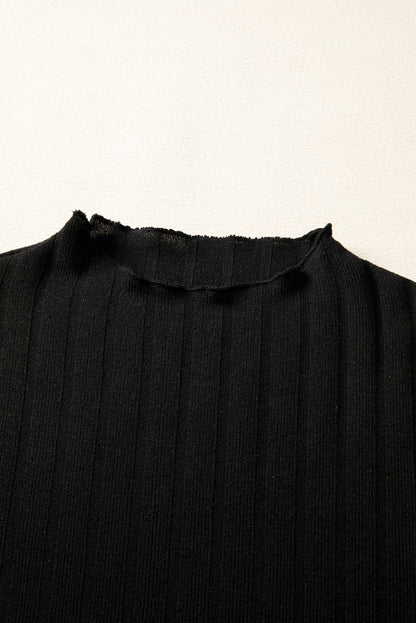 Elegant Black Long Sleeve Mini Dress – Ribbed Knit, Frilled Neck, High Waist, Casual to Party Outfit