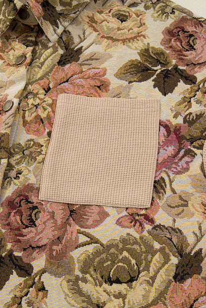 Sophisticated khaki floral patchwork waffle knit jacket with button-down front and pockets. A boho casual outerwear piece perfect for layering.