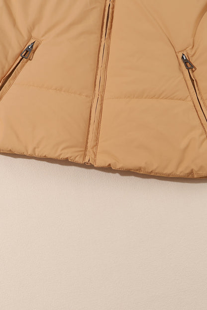 Women’s Brown Zip Up Puffer Jacket – Warm Quilted Coat with Pockets for Fall & Winter