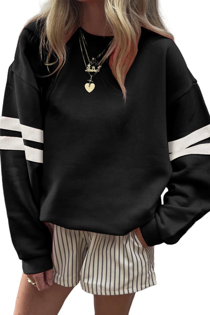 Black Preppy Striped Sleeve Loose Sweatshirt