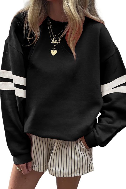 Black Preppy Striped Sleeve Loose Sweatshirt