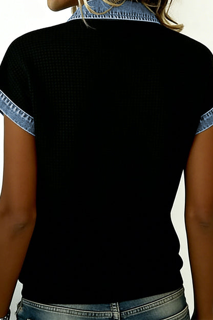 Denim Contrast Waffle Knit Blouse – Casual Boutique Button Front Top
