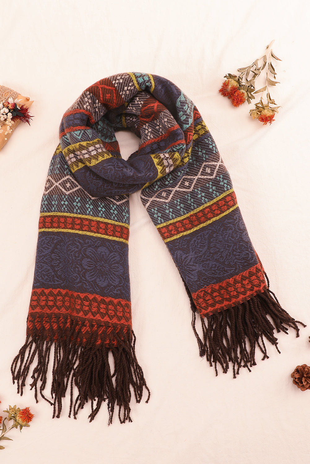 Light Blue Ethnic Print Tassel Trim Shawl Scarf