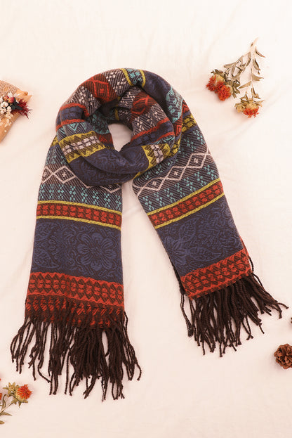 Light Blue Ethnic Print Tassel Trim Shawl Scarf