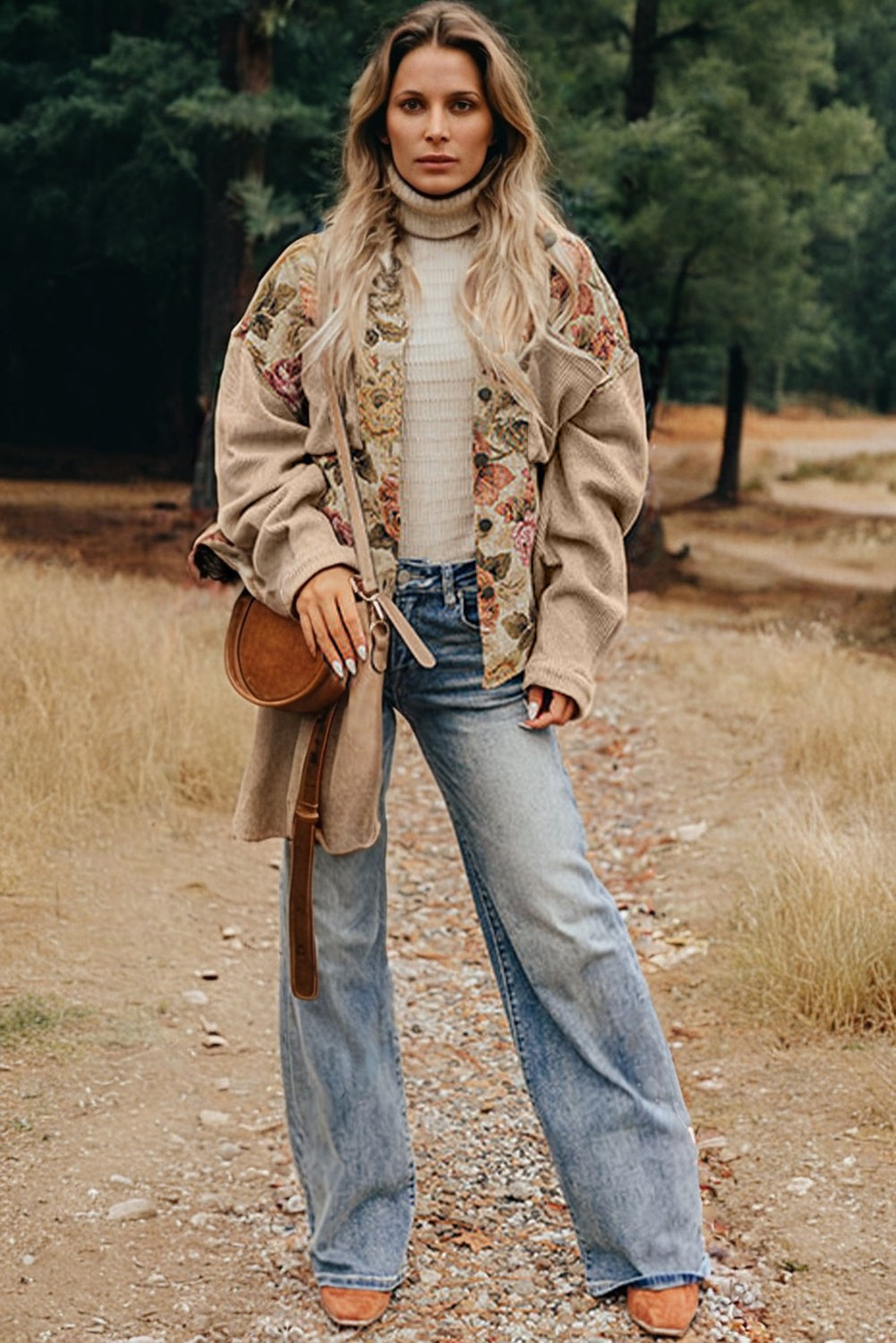 Sophisticated khaki floral patchwork waffle knit jacket with button-down front and pockets. A boho casual outerwear piece perfect for layering.