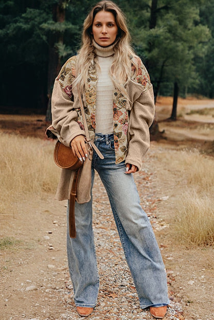 Sophisticated khaki floral patchwork waffle knit jacket with button-down front and pockets. A boho casual outerwear piece perfect for layering.