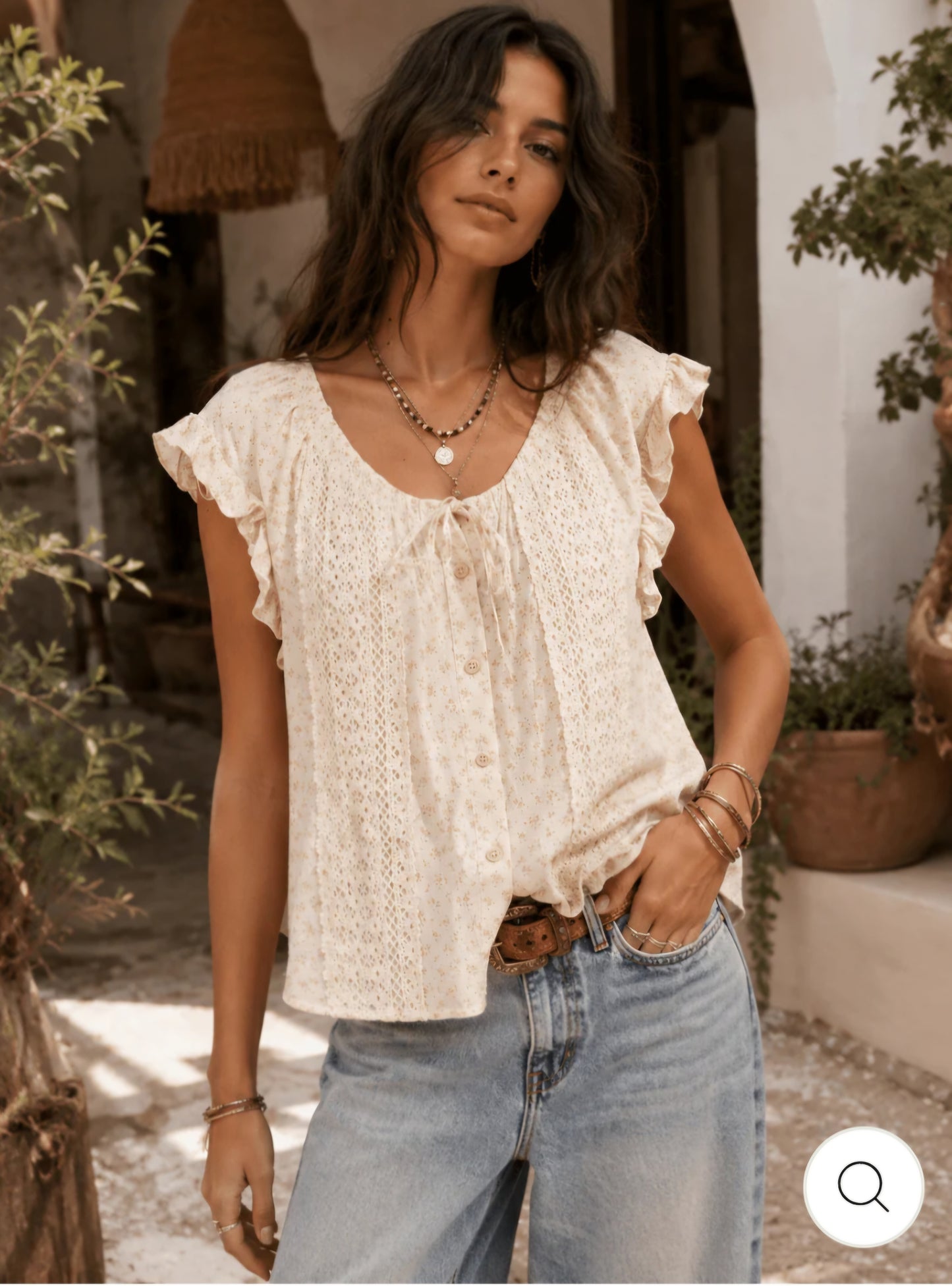 Women’s Floral Crochet V-Neck Button-Front Blouse