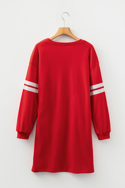 Fiery Red Striped Sleeve Sweatshirt Mini Dress – Casual Loose Fit with Pockets