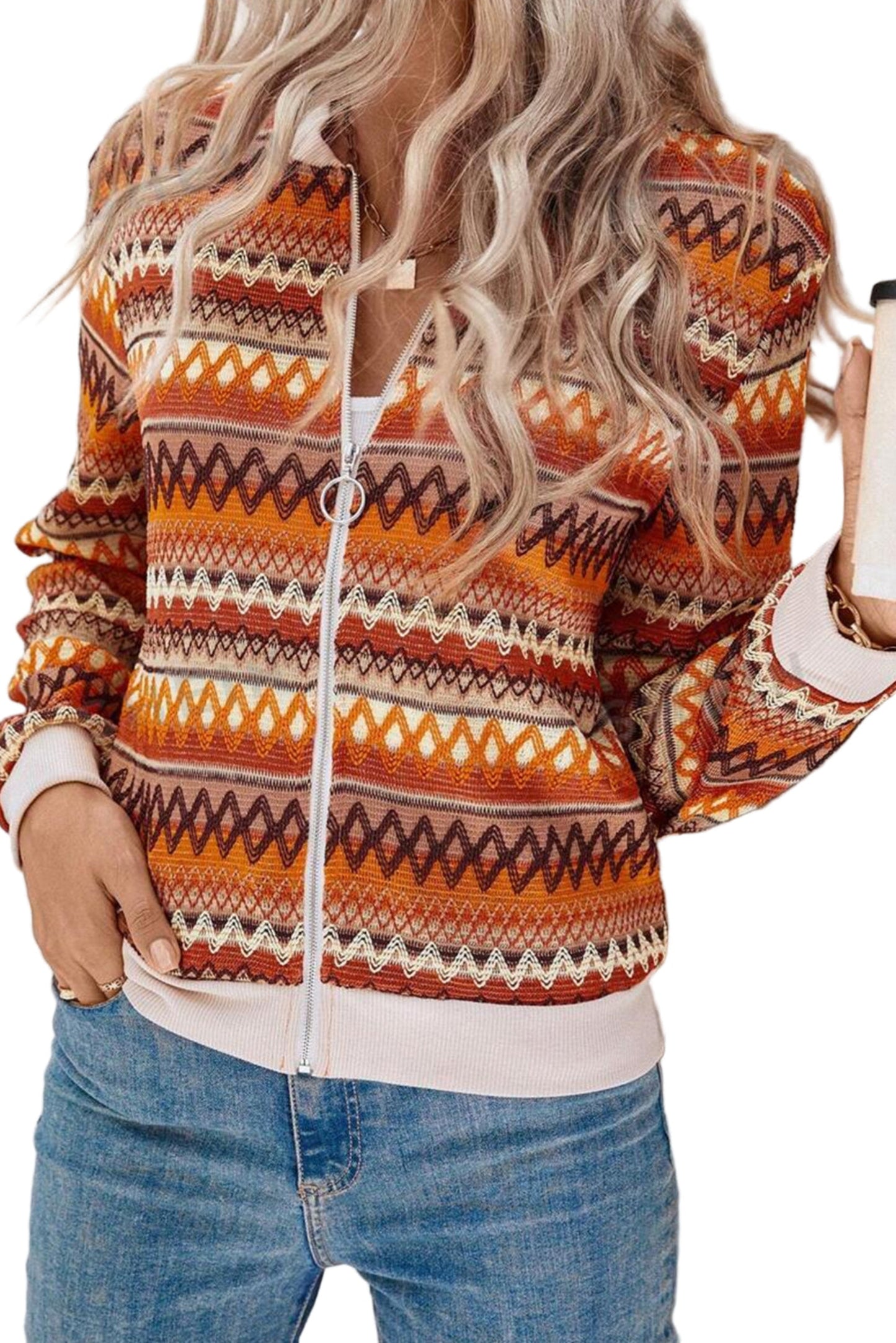 Orange Boho Striped Zip-Up Jacket – Vibrant Fall Layering Piece