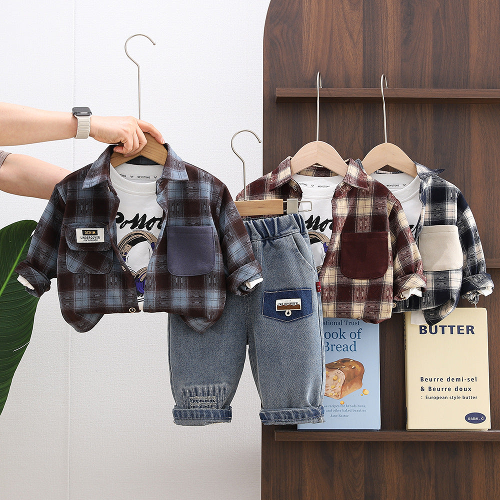 Three piece checkered shirt set for children and boys