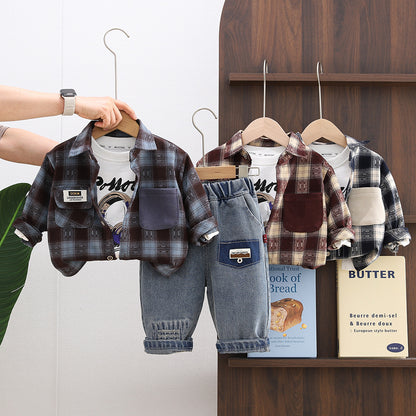 Three piece checkered shirt set for children and boys