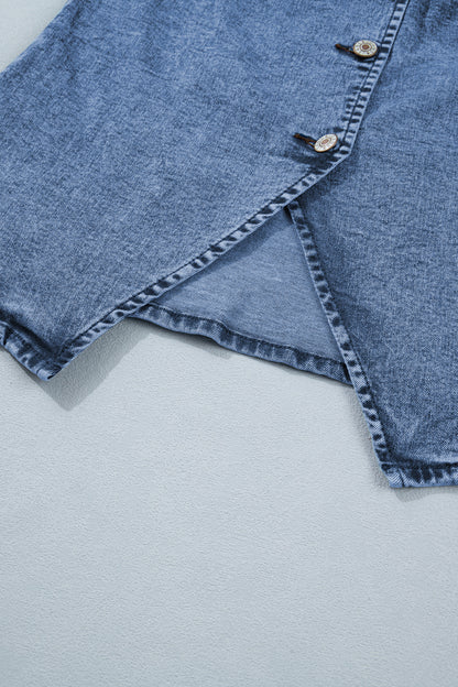 Women’s Blue Denim Vest – Sleeveless Button Down Long Vest with Side Slits for Spring Layering