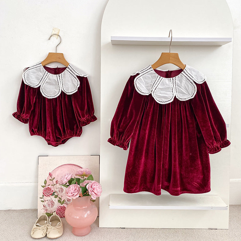 Burgundy Long Sleeve Petal Collar Kids Christmas Dress