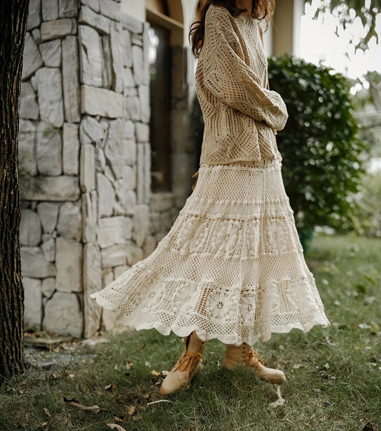 WOMEN'S CROCHET/KNIT LONG SKIRT BEIGE - JAG Universal Collection 