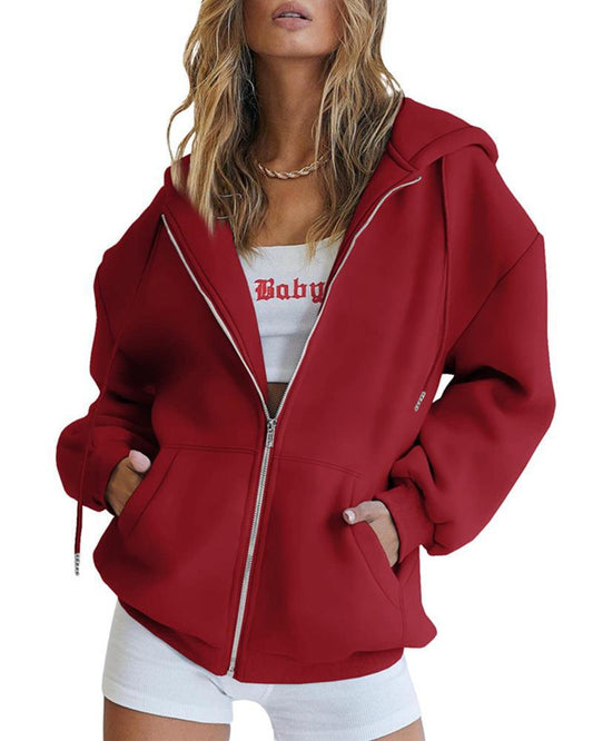 Effortless Zip Hoodie – Off-Shoulder Casual Lounge Jacket