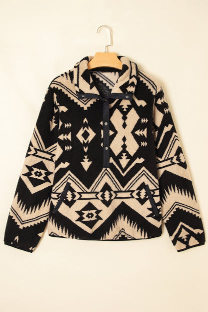 Black Western Aztec Half Zip Plush Sweatshirt – Cozy Tribal Print Fleece Pullover for Women | Warm Boho Winter Jacket with Pockets