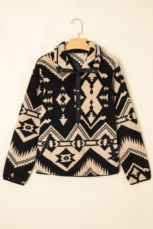 Black Western Aztec Half Zip Plush Sweatshirt – Cozy Tribal Print Fleece Pullover for Women | Warm Boho Winter Jacket with Pockets