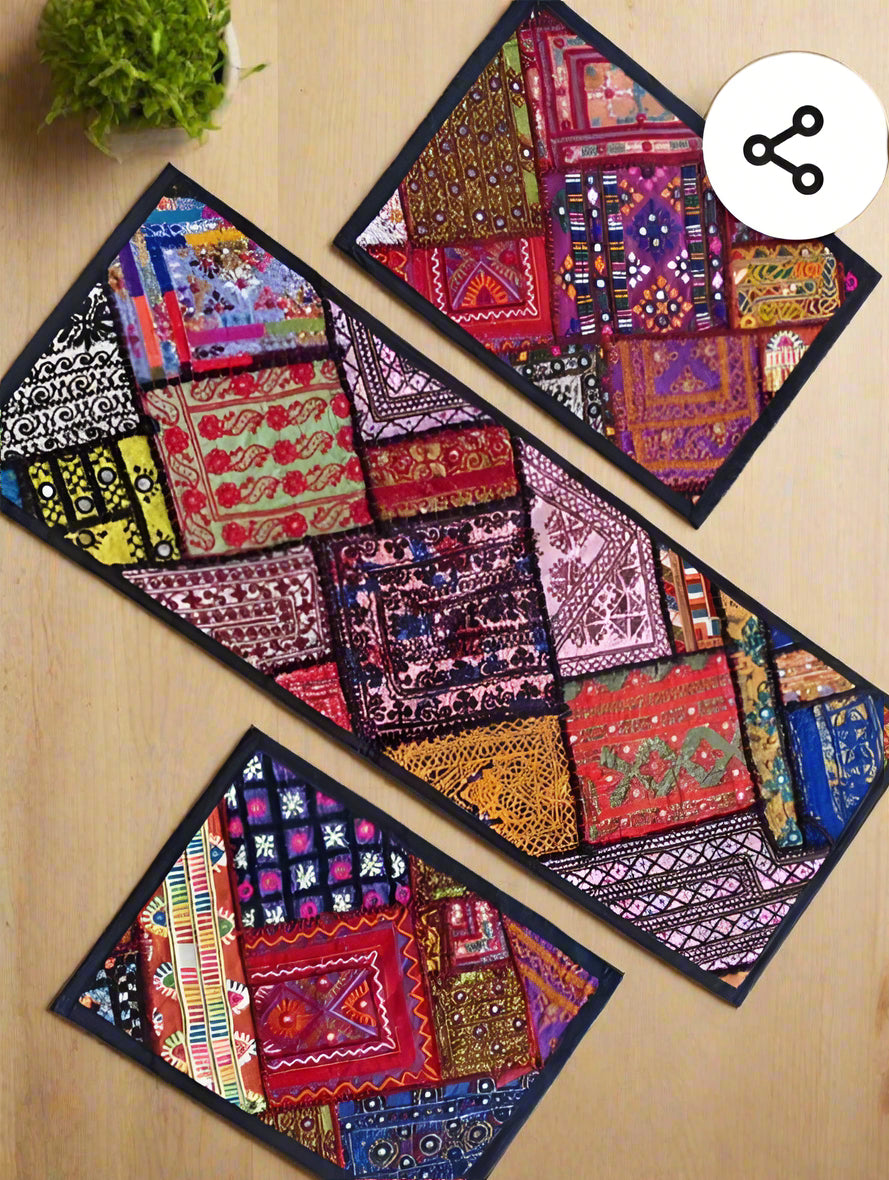 EMBROIDRED SINDHI DESIGN TABLE RUNNER AND PLACE MATS - SET OF 3 - JAG Universal Collection 